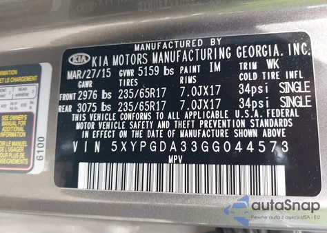 2016 Kia Sorento 2.4L Lx из США, поврежденный, VIN 5XYPGDA33GG044573